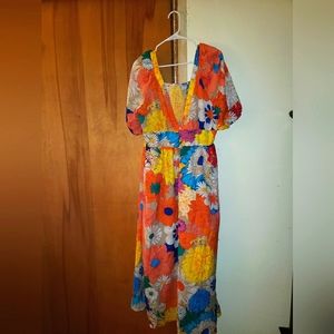 Floral Print Cap Sleeve V Neck Dress, Womens Size L